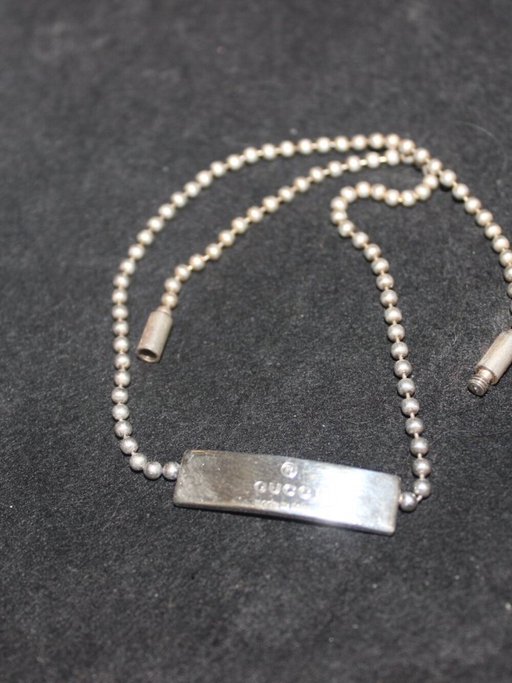 Auth Solid 925 GUCCI (w Serial #) Ball Chain Monogrammed Plate Choker Chain